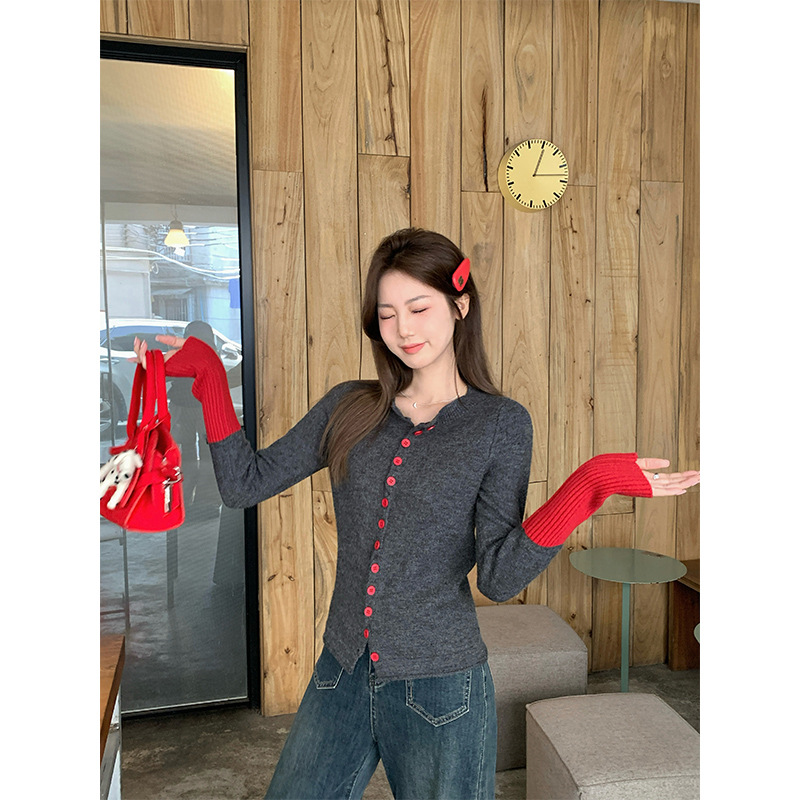 (2개) 실제 샷 거위 노란색 대비 둥근 목 긴 소매 니트 카디건 여성 봄 한국 슬림 핏 얇은 기본 책 스웨터