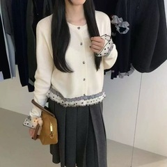 韩系时尚甜美蕾丝拼接针织开衫外套2025秋冬新款学院风软糯毛衣女