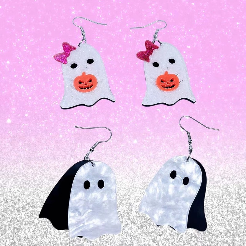 国境を越えたハロウィーン白黒幽霊かわいいイヤリングカボチャ幽霊漫画アクリル耳飾りアクセサリー|undefined