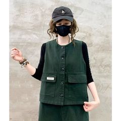 复古纯色马甲女装秋季新款休闲宽松百搭大口袋立领开衫马夹上衣潮