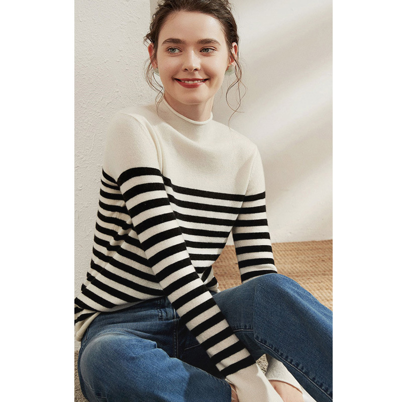 Autumn and Winter New Korean Style Fashionable All-match Wool Navy Style Striped Mock High Neck Long Sleeve Sweater Base Sweater for Women