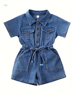 1 6 Years Youngsters Girls Denim Rompers Short Sleeve Shirts