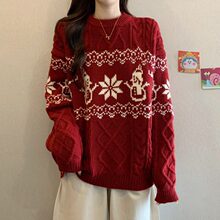 费尔岛红色提花加厚毛衣女秋冬新款大码胖mm宽松遮肚子针织衫上衣