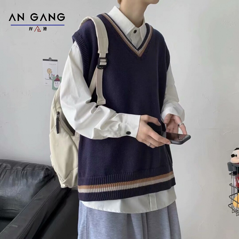 2026 Autumn Hong Kong Style Knitted V-Neck Sweater Vest for Men, Casual Outerwear, Versatile, Trendy, Loose and Lazy Style 2026 Autumn Hong Kong Style Knitted V-Neck Sweater Vest for Men, Casual Outerwear, Versatile, Trendy, Loose and Lazy Style