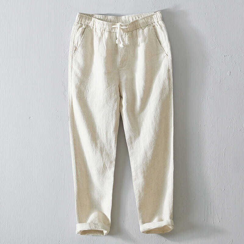 Men's Spring and Summer Plus-Size Cotton-Linen Loose Straight-Leg Versatile White Cropped Casual Pants Trendy