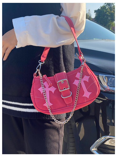 Guangzhou factory cross iron chain y2k Qianxi hot girl armpit bag rose red Barbie motorcycle sweet and spicy crossbody bag for women