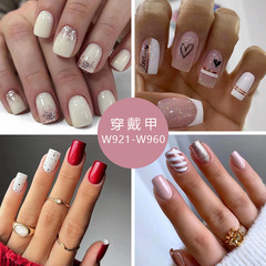 Mid-length fashionable European and American cross-border nail art pieces—solid colors, fresh look, brightening effect, shimmering glitter, wearable false nails, wholesale available