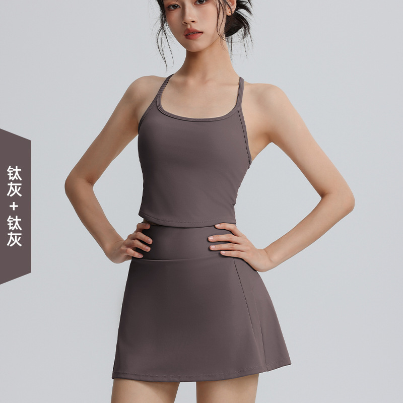【セット】I字型スポーツベスト露出防止テニススカートフィットネスウェアポケット付きスポーツセット女性用|undefined