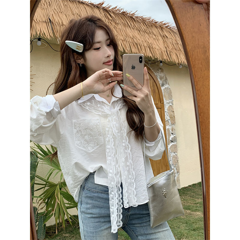 Lace scarf tie shirt for women, long-sleeved, 2026 autumn design, Korean style, loose and casual shirt, niche top Lace scarf tie shirt for women, long-sleeved, 2026 autumn design, Korean style, loose and casual shirt, niche top