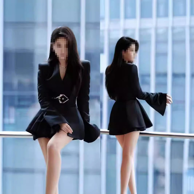 Star Same Style Horn Sleeve Tight Waist Suit Dress dress Women's High-end Black Suit Jacket New Uniform Star Same Style Horn Sleeve Tight Waist Suit Dress dress Women's High-end Black Suit Jacket New Uniform