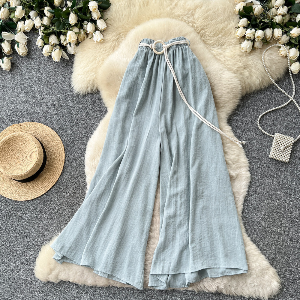 Women's High-Waisted Wide-Leg Trousers Tie Waist Retro Commuter Style Flowy Drapery Relaxed Fit Casual Pants_ecoleips.com