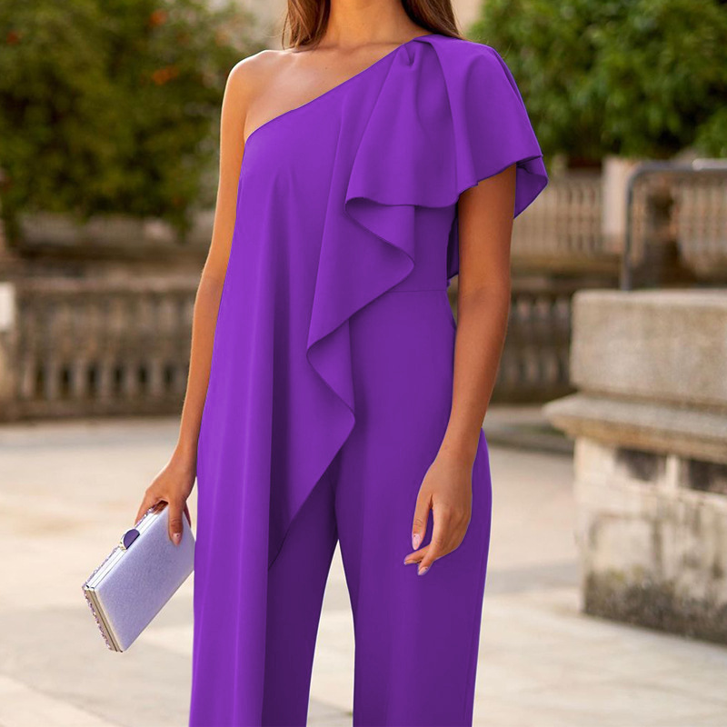 Summer Women Solid Color Loose Shoulder Long Jumpsuit 8 Summer Women Solid Color Loose Shoulder Long Jumpsuit