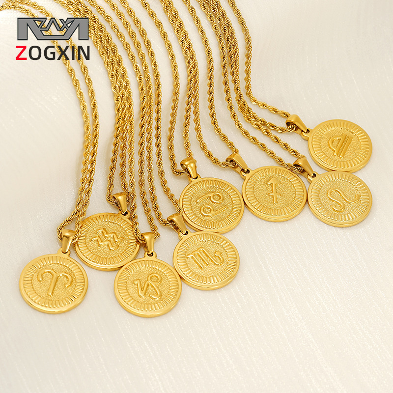 Europa y América transfronterizos acero titanio 12 constelaciones collar de moda moda redonda 18K colgante de acero inoxidable cadena clavícula