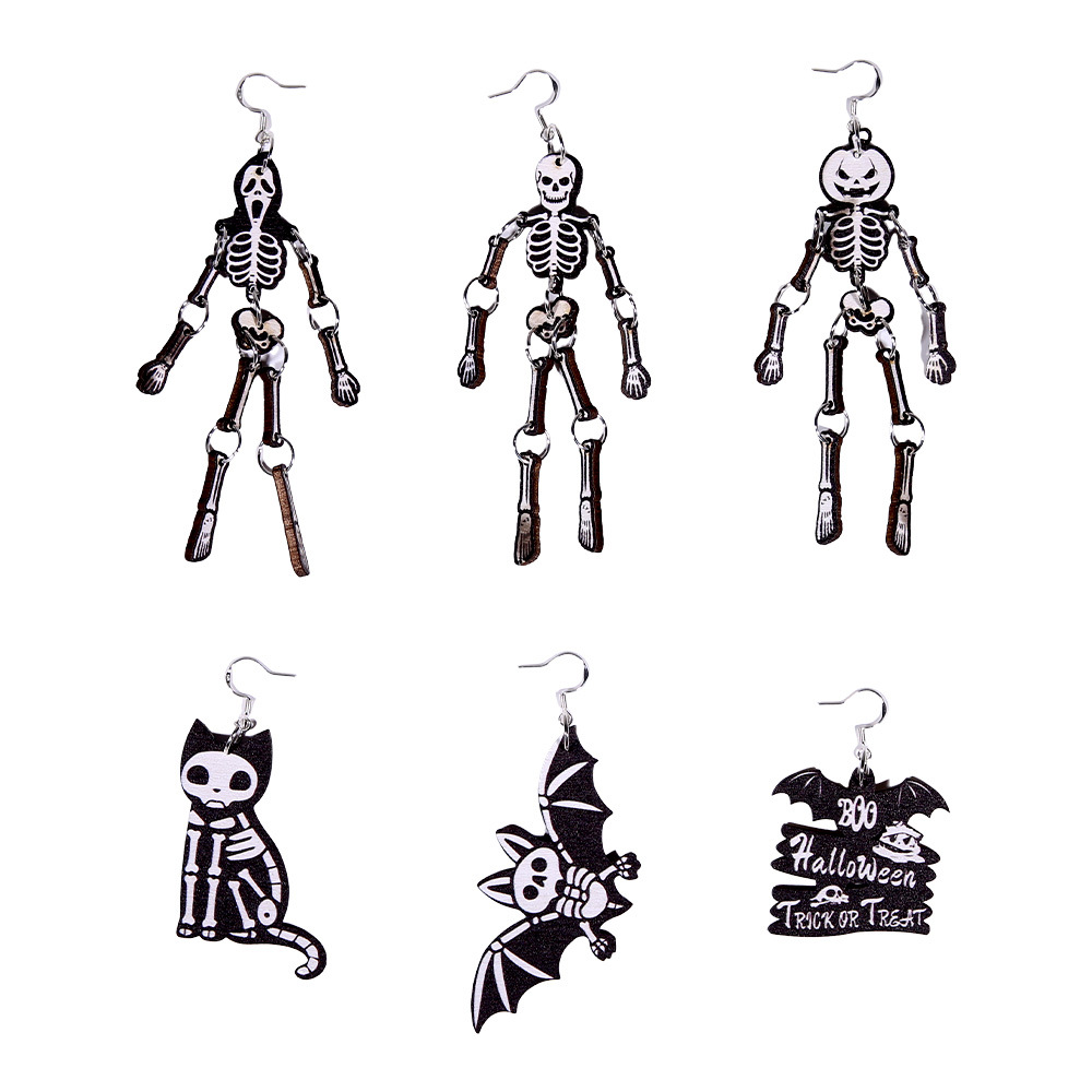 Decoración de Halloween pendientes esqueleto hueso blanco murciélago negro gato pendientes de madera fantasma día maquillaje colgante pendientes