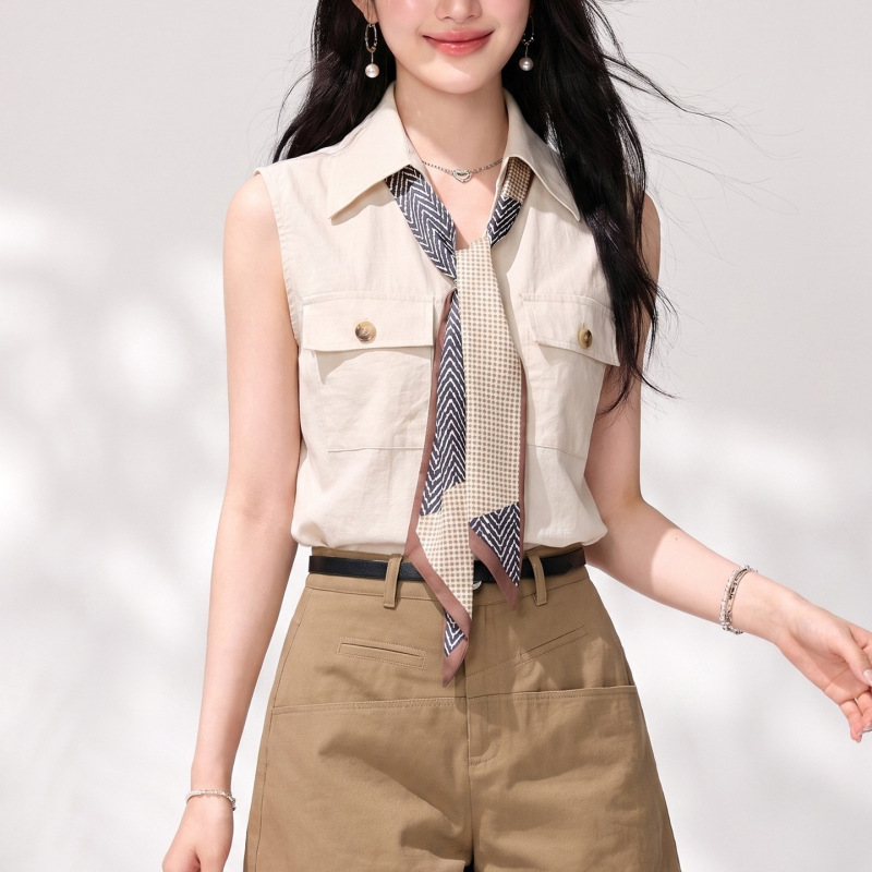 Olivia Duo Old Money Style Silk Scarf Sleeveless Cotton and Linen Top 2026 Summer Elegant Slimming Look Lapel Ramie Shirt