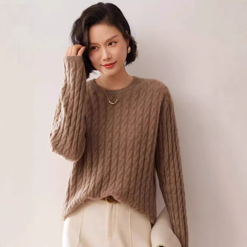 Twist New Round Neck Cashmere Women's Loose Retro Long Sleeve Twist Pullover Solid Color free size Sweater