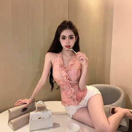 实拍2026无袖V领挂脖吊带背心女夏碎花荷叶边修身显瘦衬衫上衣