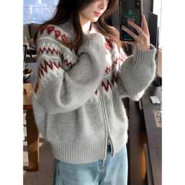 26秋费尔岛提花100羊毛衫拉链开衫女欧货厚羊绒秋冬针织毛衣外套
