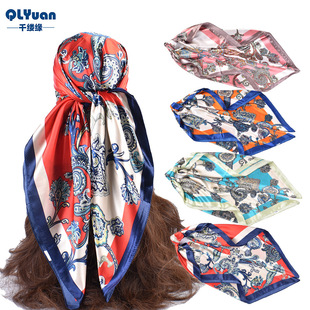 New Fashion Versatile Floral Pattern Printing High Quality 90*90 Satin Large Square Scarf Wholesale in Stock
