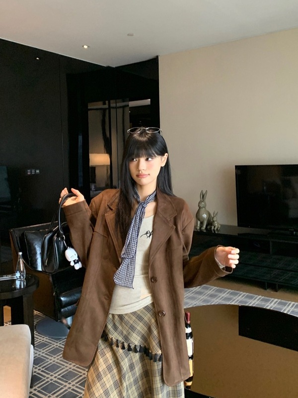 可甜可盐宽松长袖西装外套不规则格纹半身裙女2025秋季时尚套装潮|undefined