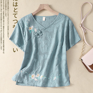 Embroidered Diagonal Placket Cotton and Linen T-Shirt for Women 2025 Summer New Style Literary Retro Top for Women Embroidered