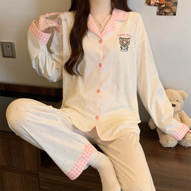 和風のシンプルな格子柄、インスタ映えするおしゃれなレディースパジャマ、春秋用長袖長ズボンツーピースセット、卸売|undefined