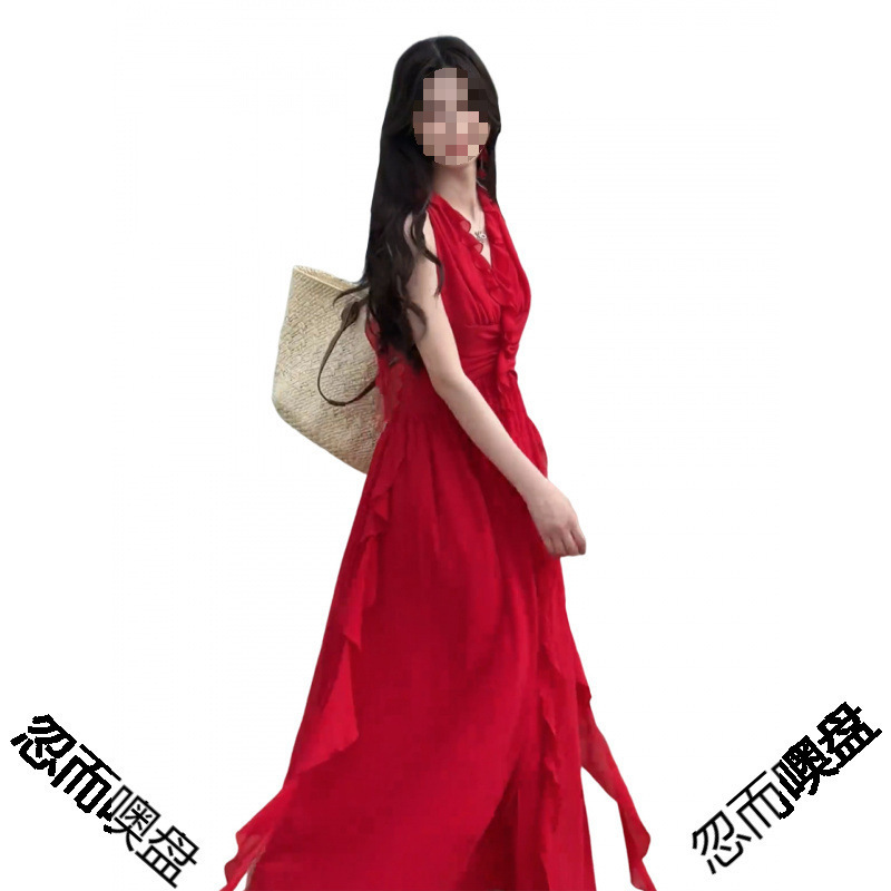 2025长裙连衣裙子女夏红色季新款感度假海边法式高级挂脖吊带爆款|undefined