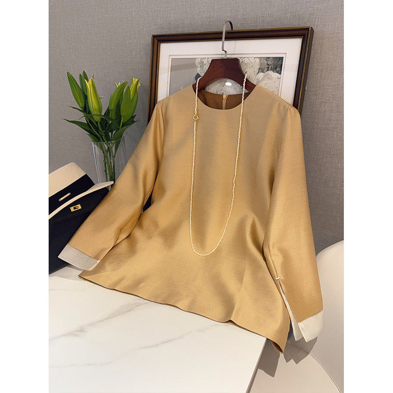 2026 New Style Elegant and Flowing Heavy Silk Wool Color-Blocked Long-Sleeve Loose Shirt Top X