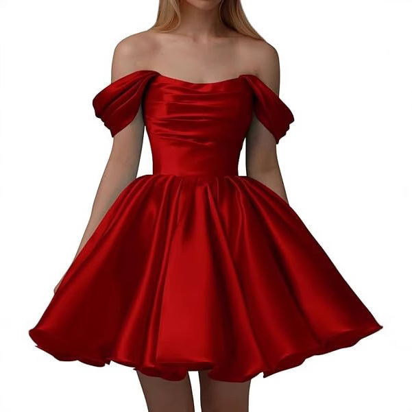 2025 Women's Strapless Satin Homecoming Dress New Short Pleated Strapless Prom Dress Wedding Dress