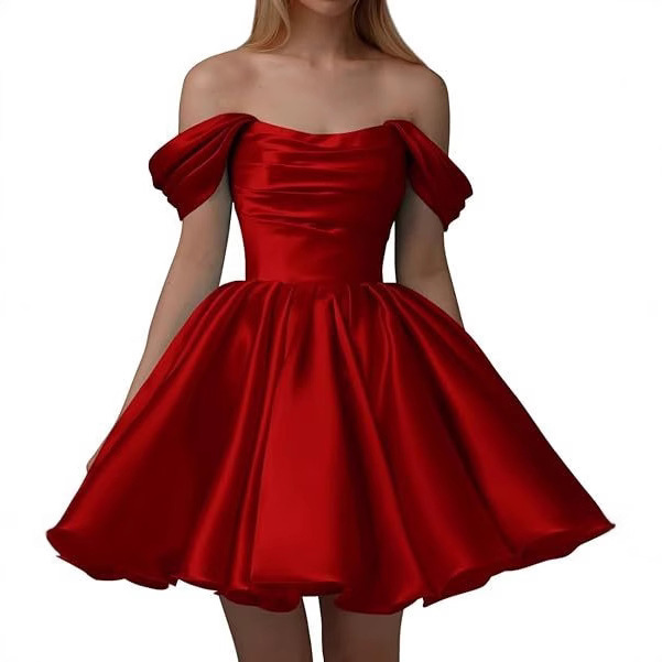 2025 Women's Strapless Satin Homecoming Dress New Short Pleated Strapless Prom Dress Wedding Dress