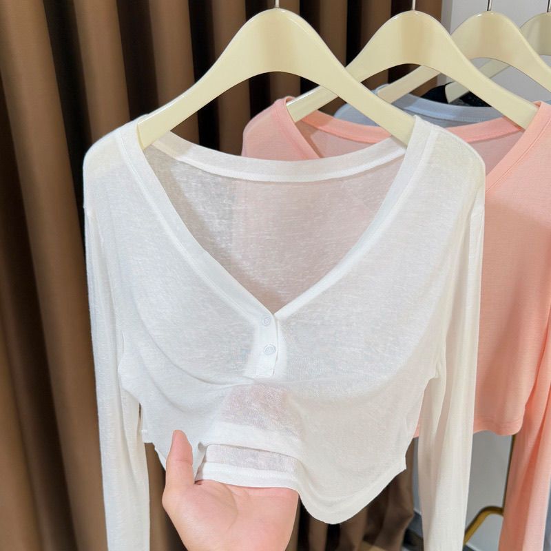 V-Neck Thin Knit Sun-Protective Long-Sleeve T-Shirt for Women, Summer 2026 New Short Style Ice Silk Mask T-Shirt, Ultra-Thin Slightly Sheer Top V-Neck Thin Knit Sun-Protective Long-Sleeve T-Shirt for Women, Summer 2026 New Short Style Ice Silk Mask T-Shirt, Ultra-Thin Slightly Sheer Top