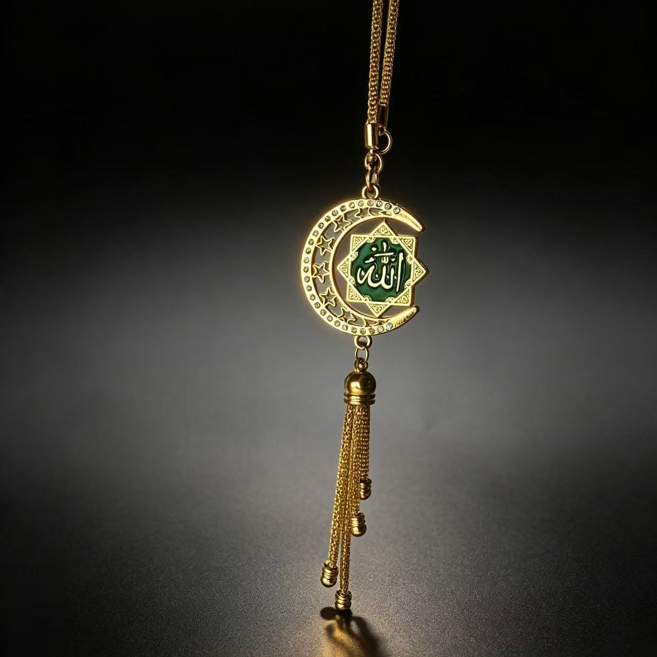 Golden Star and Moon Enamel Car Pendant, 3D Scripture Car Hanging Ornament, Diamond-Encrusted Rearview Mirror Tassel Decoration, Cross-Border Wholesale
