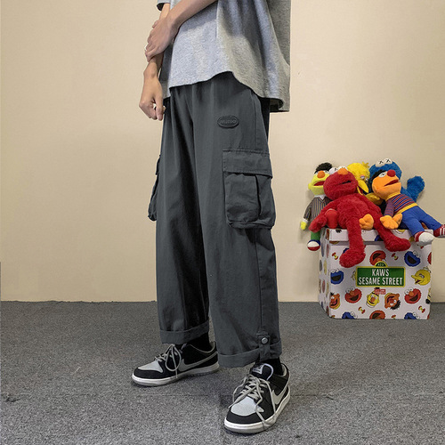 Men's large size loose long overalls men's spring and autumn nine-quarter multi-pocket foot-bound casual pants men's summer cross-border