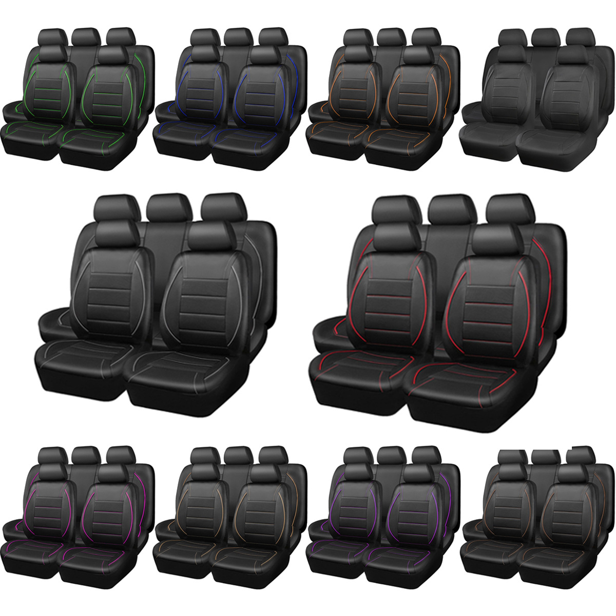 Black and Green Arc-Shaped Leather Car Seat Cover, Full Surround Universal Seat Cover, Wear-Resistant Leather Car Interior Cushion Wholesale