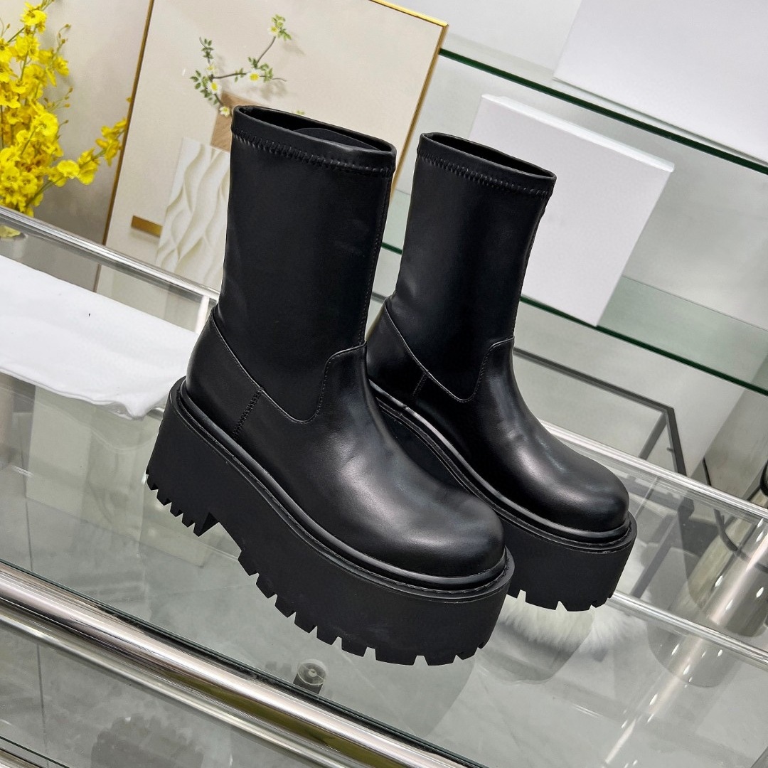 真皮增高短靴新款粗跟厚底弹力靴舒适女鞋松糕底小个子韩版烟筒靴