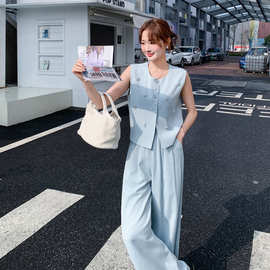 蓝色轻奢名媛气质感钉珠马甲套装女2026夏季新款高腰阔腿裤两件套