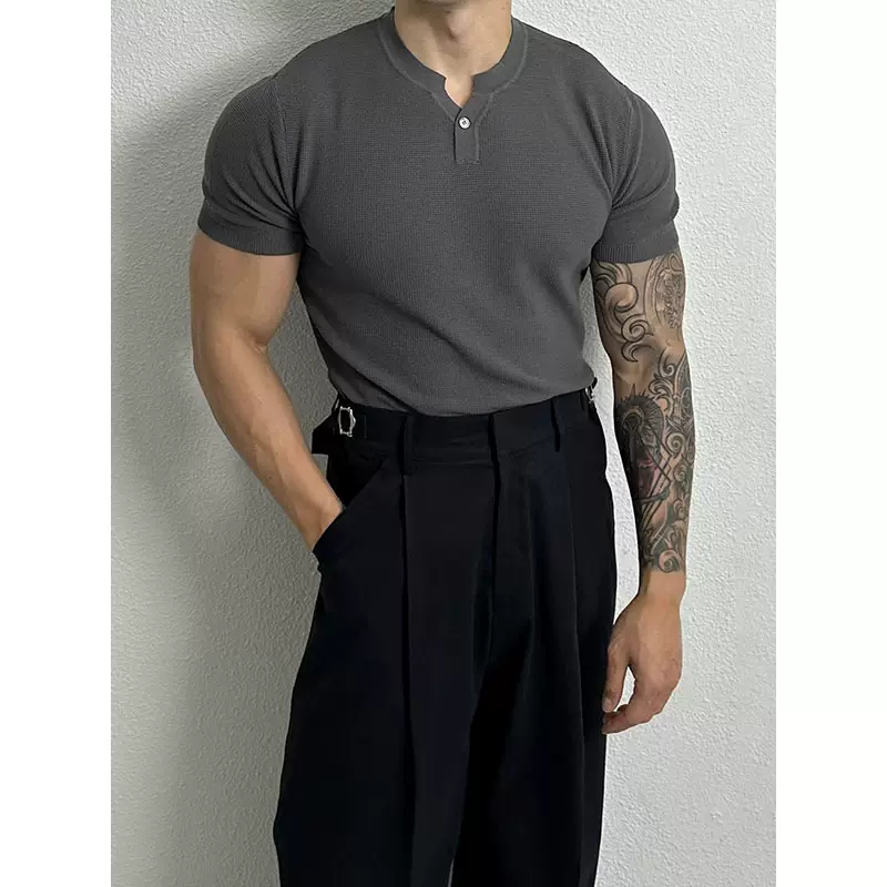 夏季新款短袖针织衫男亨利领纽扣修身商务冰丝潮T恤外贸跨境批发