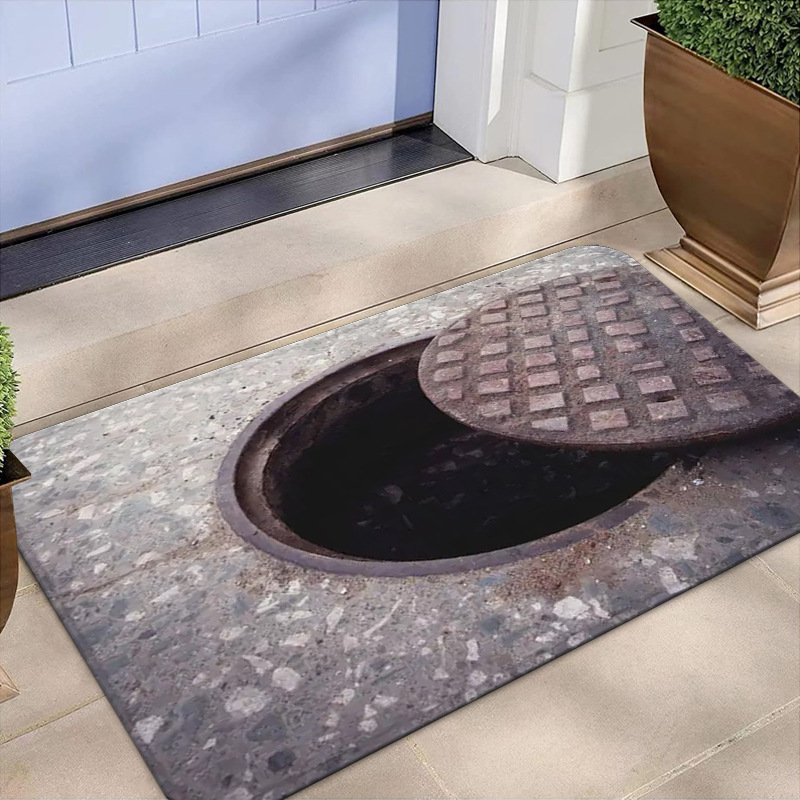 Tapete decorativo para porta de entrada com estampa 3D de tampa de bueiro, armadilha divertida para sala de estar, sofá, mesa de centro e sofá._voghion.com