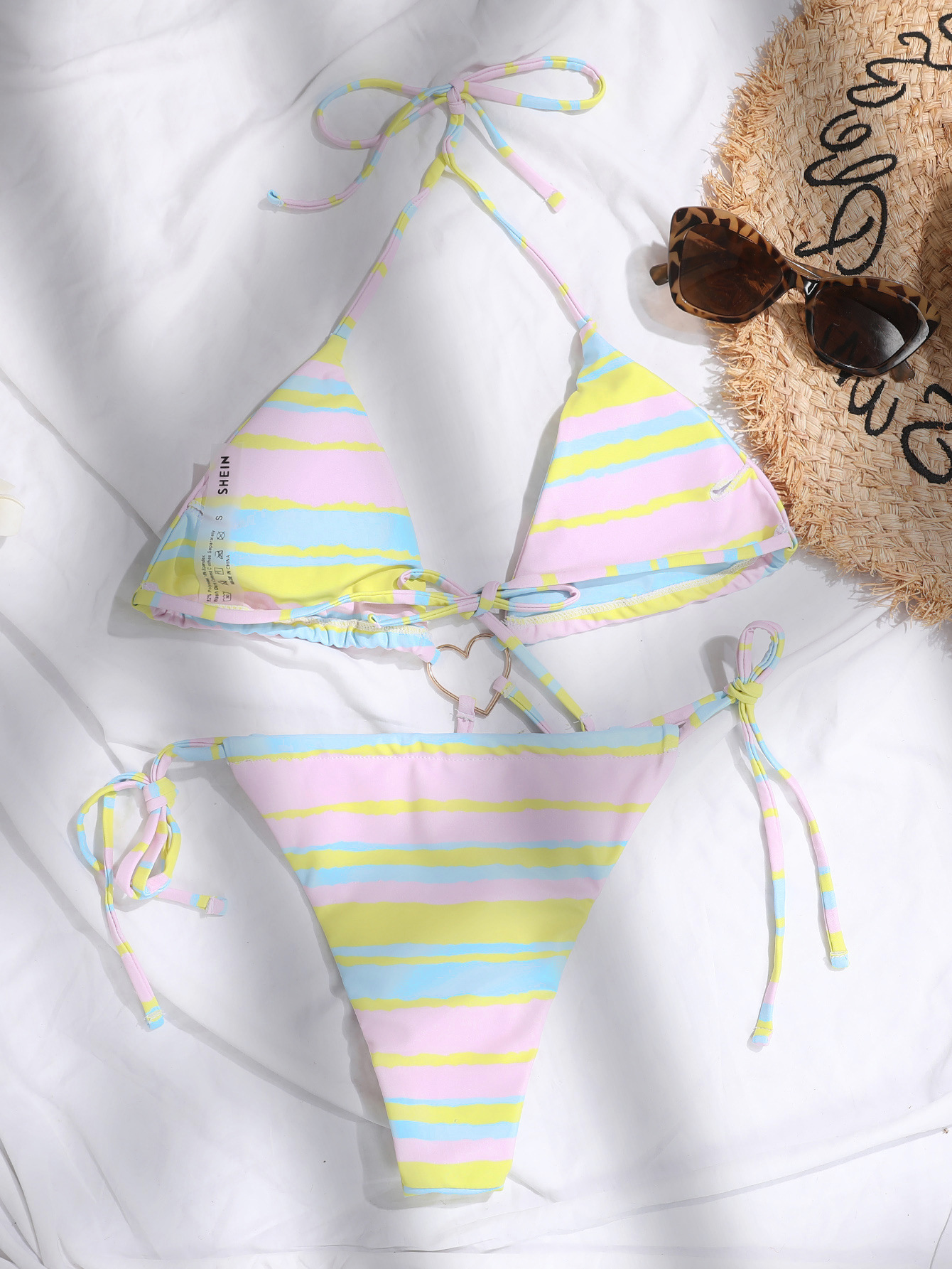 Color Triangle Cup Bandage Lace-Up Heart-Shaped Bikini - Swimsuits - Uniqistic.com