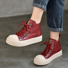 手抓紋頭層牛皮休閒鞋高幫系帶百搭女鞋2024春季新款真皮圓頭板鞋