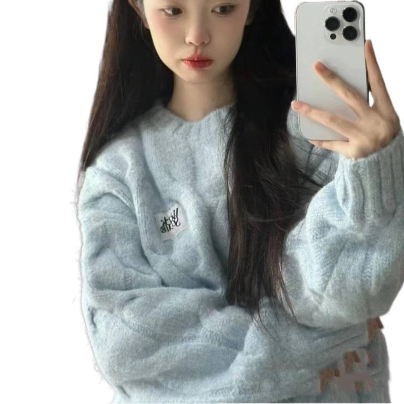 韩系软糯圆领毛衣女秋冬季奶宽松外穿慵懒风加厚针织麻花上衣|undefined
