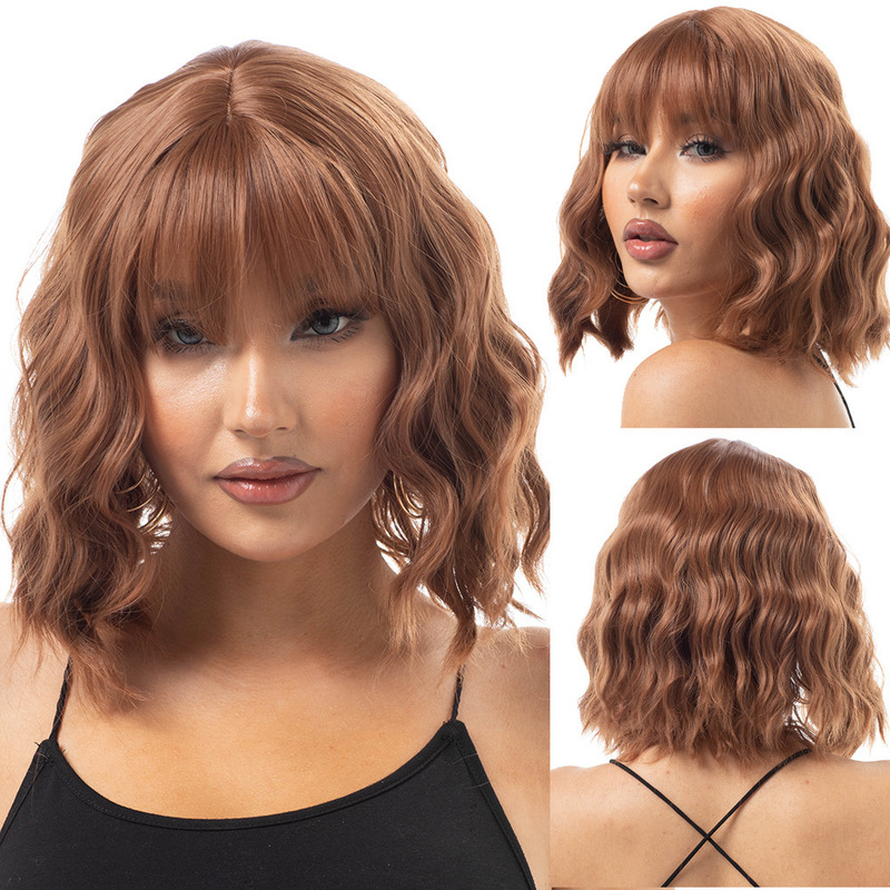Wig for Women with Short Curly Hair, Water Wave Curls, Air Bangs, Amazon European and American Fashion, Multiple Colors Available, Wig Set Wig for Women with Short Curly Hair, Water Wave Curls, Air Bangs, Amazon European and American Fashion, Multiple Colors Available, Wig Set