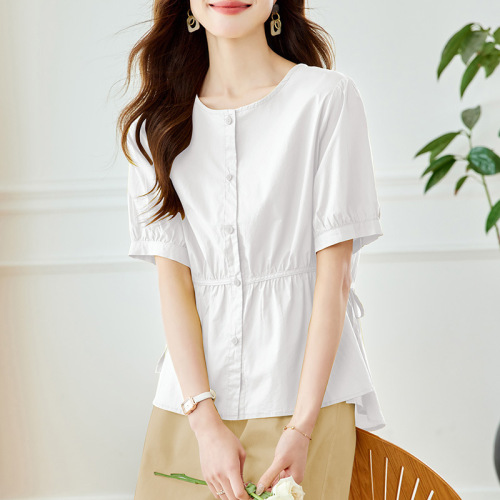 Manufacturer direct sale pure cotton round neck short-sleeved shirt for women in summer new loose and versatile slim-breasted shirt