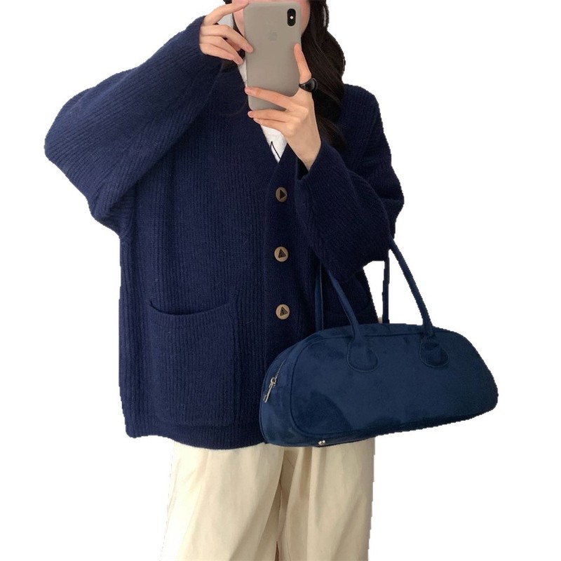 V领纯色毛衣开衫女秋冬季新款高级感加厚宽松慵懒风针织外套上衣|undefined