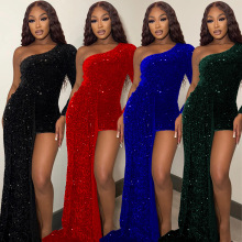 OS6922跨境秋冬新品亚马逊欧美性感紧身单肩长袖珠片大摆连衣裙女