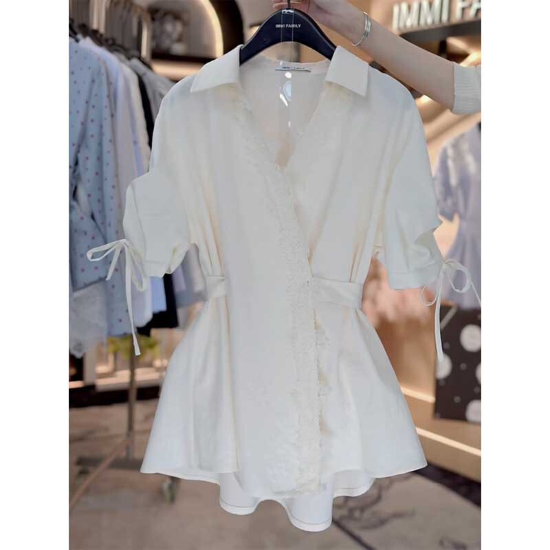 Designed Niche Lapel Short-Sleeved Shirt for Women in Summer New Style Age-Reducing Lace Splicing Lace-Up Waist Top