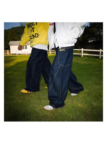Korean retro design large pocket machete work jeans men's fashion brand plaid wide-leg mop casual pants