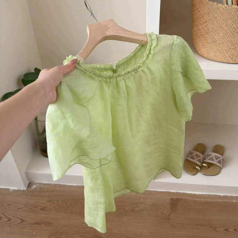Highly Recommended~ Lime Green Round-Neck Lace Ramie Shirt for Women, 2026 Korean Style Fresh Short-Sleeve Top Highly Recommended~ Lime Green Round-Neck Lace Ramie Shirt for Women, 2026 Korean Style Fresh Short-Sleeve Top