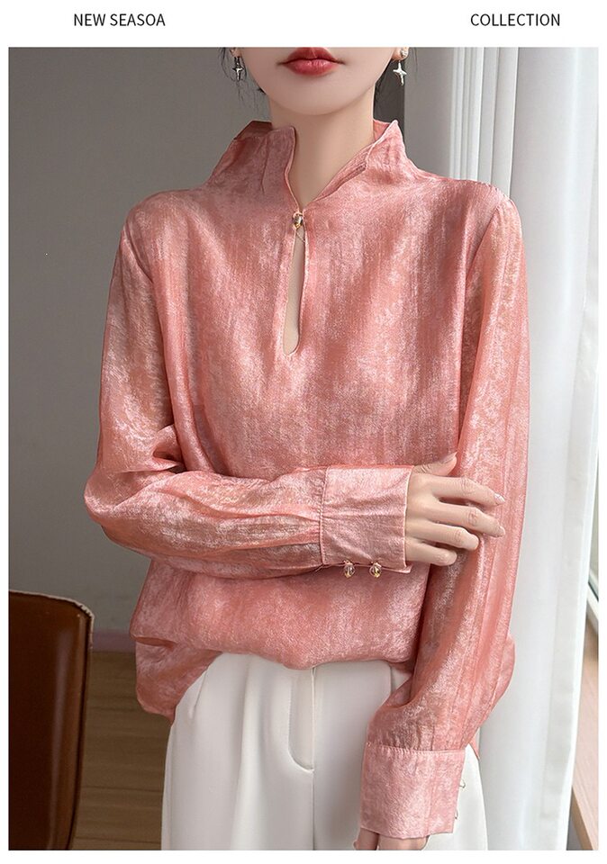 Áo sơ mi nữ cổ đứng tay dài vải Tencel mỏng nhẹ kiểu chui đầu — Màu hồng, Màu trắng, màu đen chi tiết 17