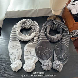 韩版新款学院风天使翅膀毛球围巾2025秋冬百搭条纹波点保暖围脖女